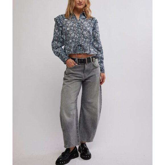 FREE PEOPLE Printed Daybreak Blouse / Chambray Combo - Picture 5 of 6